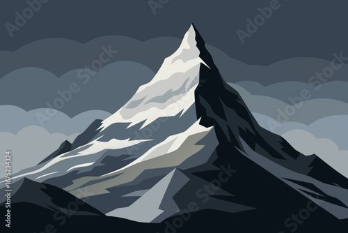 Dramatic snow capped mountain peak under cloudy skies