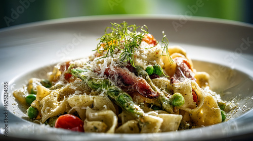 Close up of pasta dish with asparagus peas tomatoes and cheese on a white plate for a gourmet meal