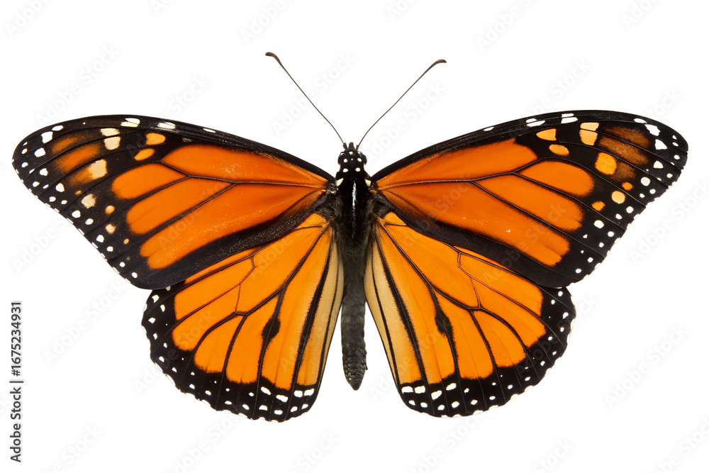 Fototapeta premium Vibrant Monarch Butterfly on Abstract Glitch Background: Nature, Art, and Design Stock Image