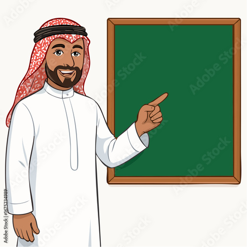 Vector illustration of a Arab man wearing a traditional white thobe and greenscreen board
