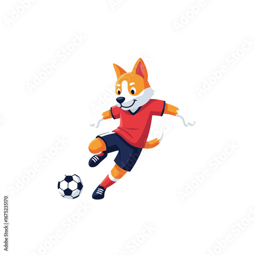 Cute and dynamic cartoon dog character in a vibrant red soccer uniform, enthusiastically dribbling a football, embodying athletic spirit and playful energy for sports-themed designs