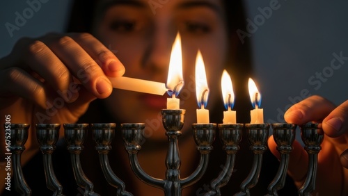 Hands lighting the fourth candle of a Hanukkah menorah.