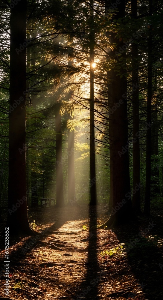 Obraz premium Sunlight Streaming Through Forest Trees.