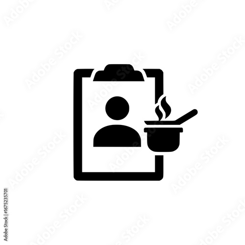 Clipboard with person and cooking pot icons symbolizing culinary record keeping and kitchen workflow