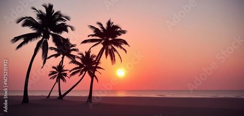 Pastel sunset, palm trees silhouetted against clean sandy beach, minimal paper cut style,  holiday,  background