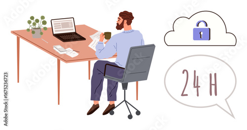 Man working at desk with laptop, reviewing papers, holding coffee. Cloud lock and 24-hour concept emphasize data security, availability. Ideal for productivity, remote work, cybersecurity