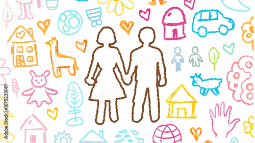 Illustration of a couple holding hands surrounded by colorful childlike drawings of everyday objects and symbols