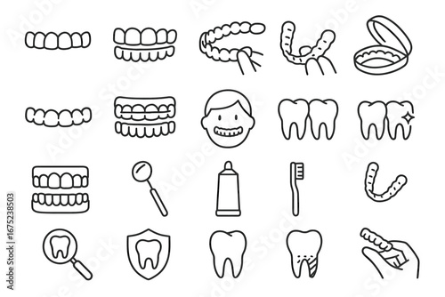 Dental care icons: teeth, braces, toothpaste, toothbrush, magnifying glass, shield