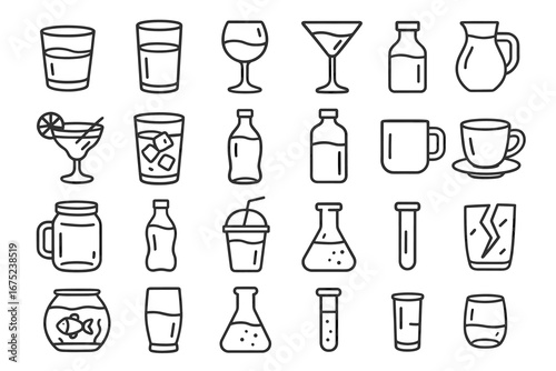 Collection of various beverage glassware and containers illustrated in line art