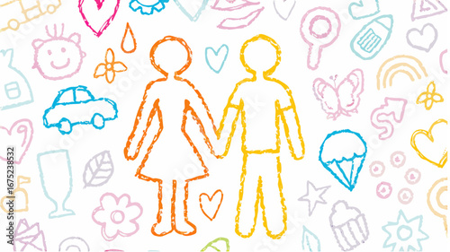 Childlike drawing of a couple holding hands surrounded by doodles of objects and symbols in various colors