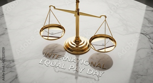 Detailed gold justice scales on a white marble background with 