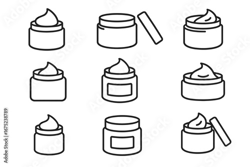Set of simple line icons of cosmetic cream jars in various positions
