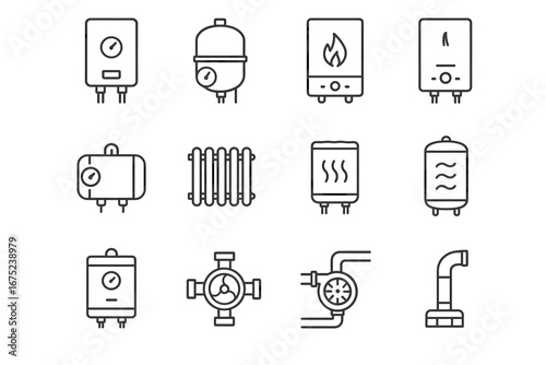 Set of line icons representing heating systems and equipment