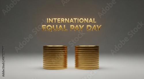 International Equal Pay Day concept with two identical stacks of gold coins for financial fairness and social justice concepts