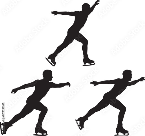 Three ice skaters in dynamic poses silhouette