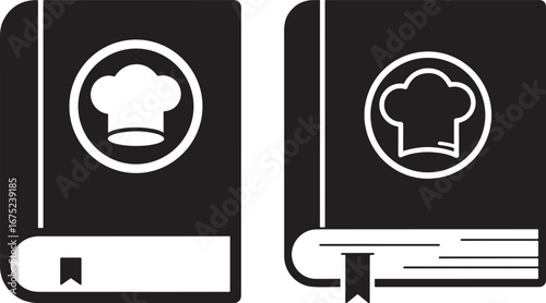 Two cookbook silhouettes with chef hat icons