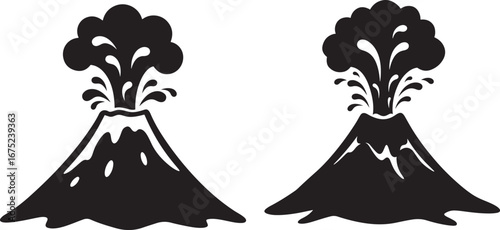 Two erupting volcanoes silhouette