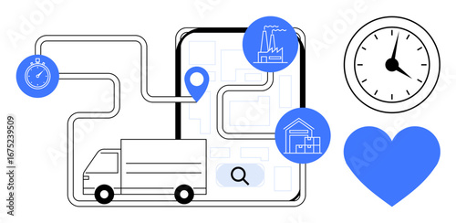 Delivery truck on a logistics map with route, factory, warehouse, clock, heart, GPS pin. Ideal for transportation, delivery systems, logistic planning ecommerce efficiency customer satisfaction