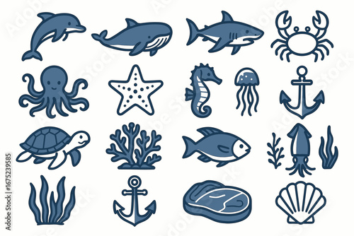 Cartoon marine life icons with sea creatures and nautical elements