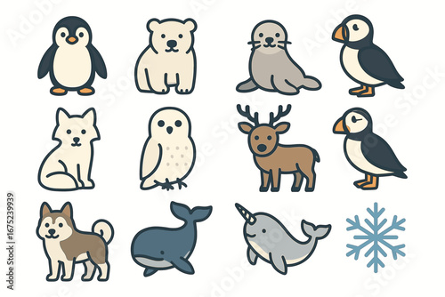 Cute arctic animal illustrations: penguin, polar bear, seal, puffin, arctic fox, owl