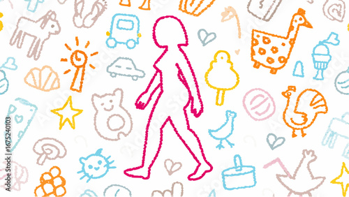 Pink outline of a woman walking surrounded by colorful doodle drawings of various objects and animals