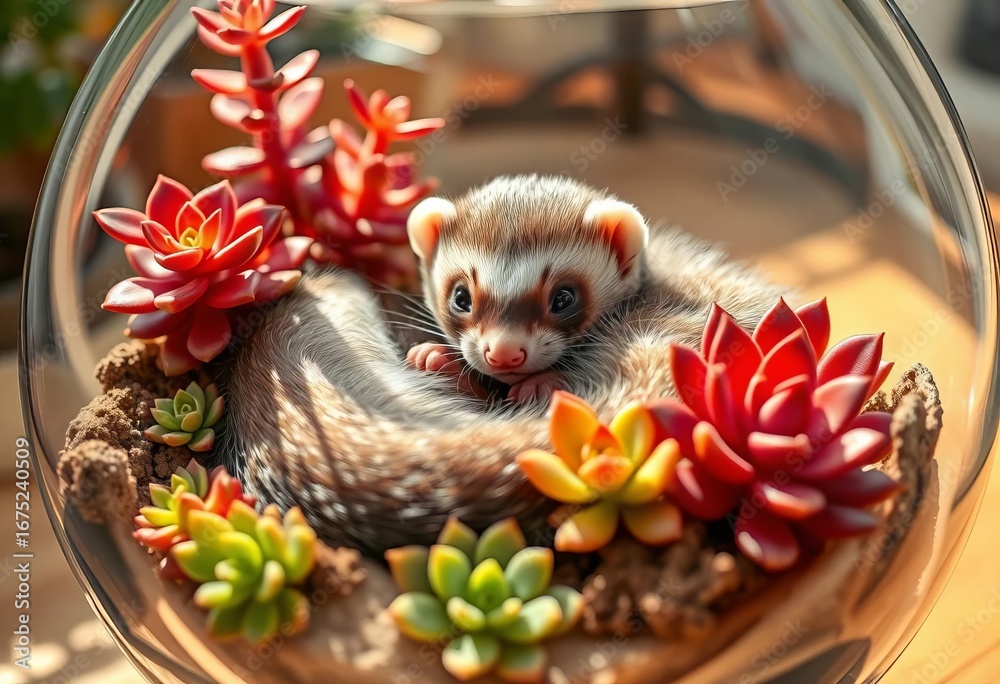Obraz premium A playful ferret snuggles amongst succulents in a glass bowl, sunlight streaming in, ferret, animal photography