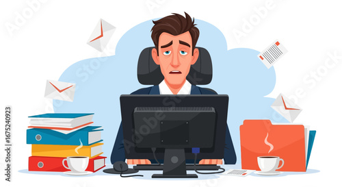 Exhausted Office Worker Struggling with Too Many Tasks and Emails Leading to Professional Fatigue and Burnout