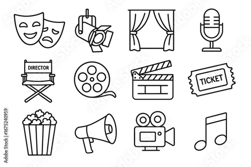 Theater and film icons: masks, camera, microphone, and more