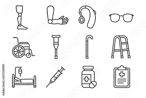 Medical mobility and assistive devices icons set