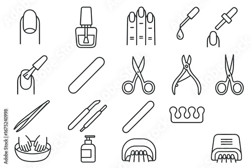 Manicure tools and nail care icons for perfect nail grooming