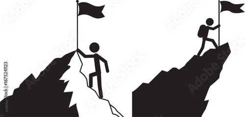 Two climbers planting flags on mountain peaks silhouette