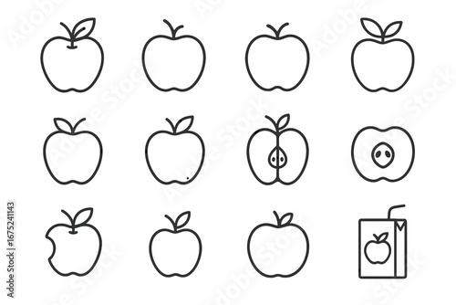 Collection of apple icons in various styles including juice box