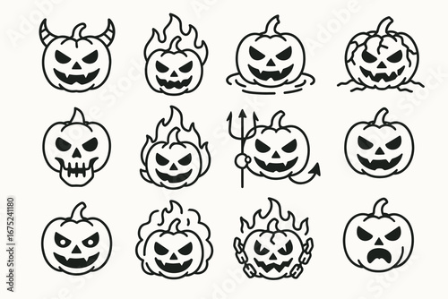 Halloween pumpkin doodles: devilish faces and fiery styles in black and white