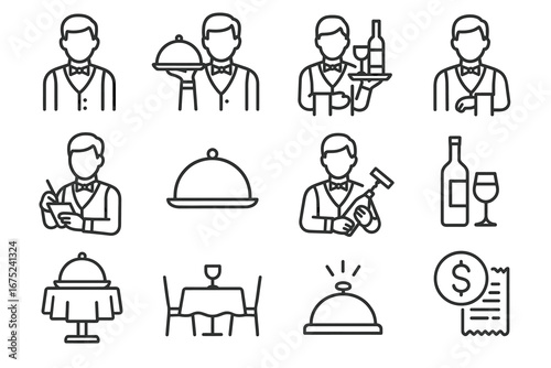 Line icons of waiters serving dishes and drinks in restaurant settings