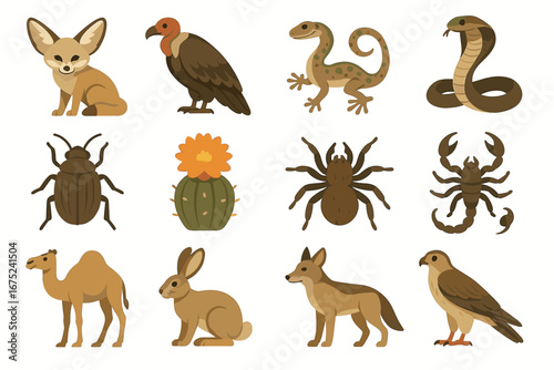 Desert animals collection: fennec fox, vulture, lizard, snake, insects, plants, camel, hare, coyote, hawk