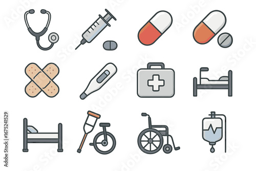 Medical equipment icons: stethoscope, syringe, pills, bandages, thermometer, first aid kit, hospital bed, crutches, wheelchair, iv drip