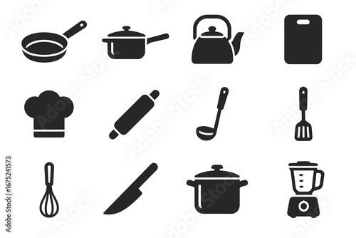 Essential kitchen utensils icon set: pan, pot, kettle, board, chef hat, rolling pin, ladle