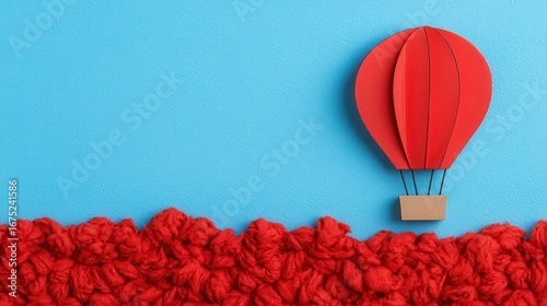 Easy Watercolor Painting Tutorial Concept. Colorful Paper Hot Air Balloon with Red Yarn Background on Blue Surface for Children's Themes