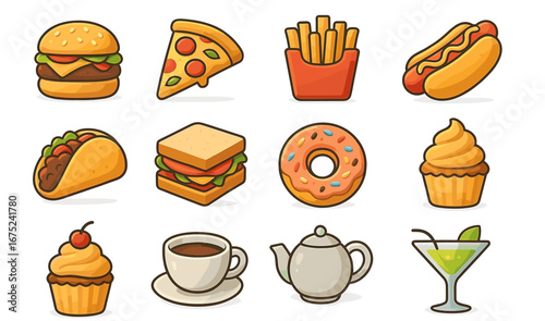 Colorful assortment of cartoon fast food and drinks icons on white background