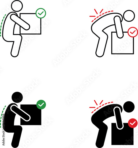 Lifting weight with correct and incorrect posture, posture of spine icon set, picking up cargo box, vector, customizable stroke