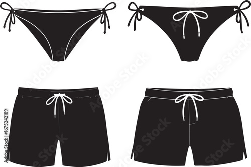 Black bikini bottoms and swim trunks silhouette