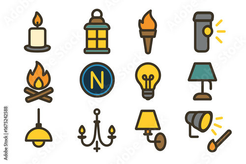 Collection of diverse lighting icons including candle, lantern, torch, lamp, and chandelier