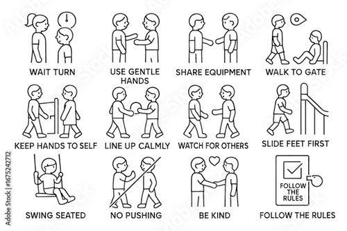 Children's playground etiquette: gentle hands, kindness, and taking turns for safe play
