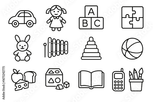 Children's toys and learning icons: car, doll, alphabet blocks, puzzle