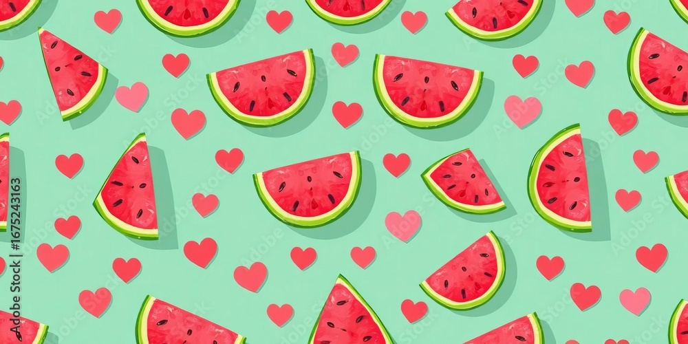 Cute watermelon slice seamless pattern, flat style fruit background with hearts, summertime, food Cute watermelon slice seamless pattern, flat style fruit background with hearts, summertime, food
