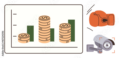 Stacked coins on a bar chart symbolize financial growth. Boxing glove highlights risk or competition, and security camera emphasizes monitoring. Ideal for finance, investment, business risk