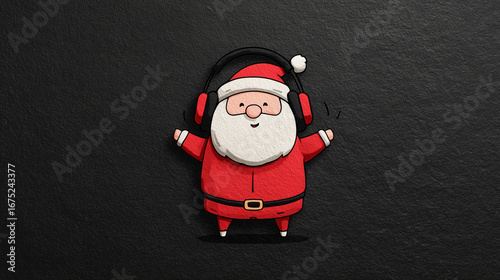 Christmas  Cartoon Santa with snow, hat, scarf, and headphones over black snow texture background 