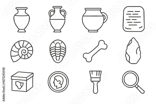 Archaeology line icons: vessels, fossils, tools, and artifacts collection