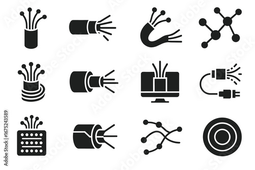 Set of black fiber optic cable icons with network and technology symbols