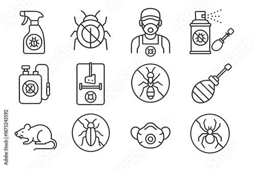 Pest control icons: insecticide, sprayer, rat, bug, exterminator mask